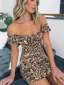 HOUZHOU Seksualus Bodycon Mini Suknelė Leopardas Spausdinti Moterys Vasarą Off Peties Velniop Kaklo Šalis Suknelės Pynimas Elegantiškas Plonas Moterų Apdaras