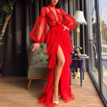 Naujas Moterų vakarinę Suknelę Raudonos spalvos Nėrinių Tuščiaviduriai Iš ilgomis Rankovėmis linijos Sexy Pusės Split Suknelė Grindų Ilgio Uodega Elegantiškas Moteris Maxi Suknelė