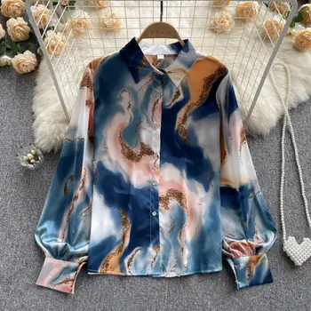 Pavasarį, Vasarą, Dizainas, Spausdinimo Šifono Marškinėliai 2023 korėjos Stiliaus Elegantiška Palaidinė Moterų Pasukite Žemyn Apykaklės Atsitiktinis Marškinėliai ilgomis Rankovėmis